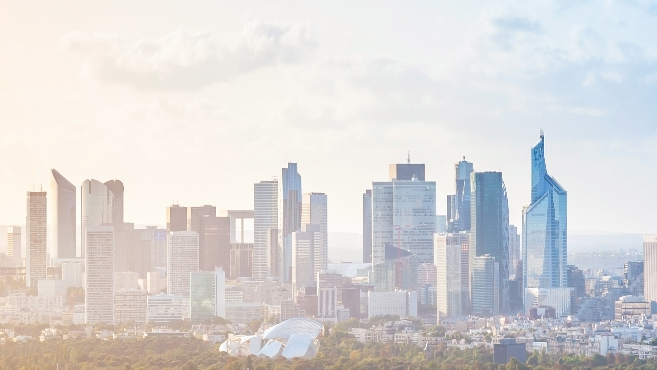 The skyline of a city with several high rise buildings, a cloudy sky in the background and smog, proving a lack of ambient air quality. Measuring devices by Palas deliver reliable information on ambient air quality.