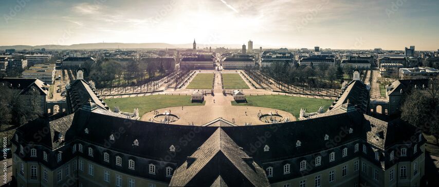 Breathtaking scene overlooking Karlsruhe city from the historic castle rooftop