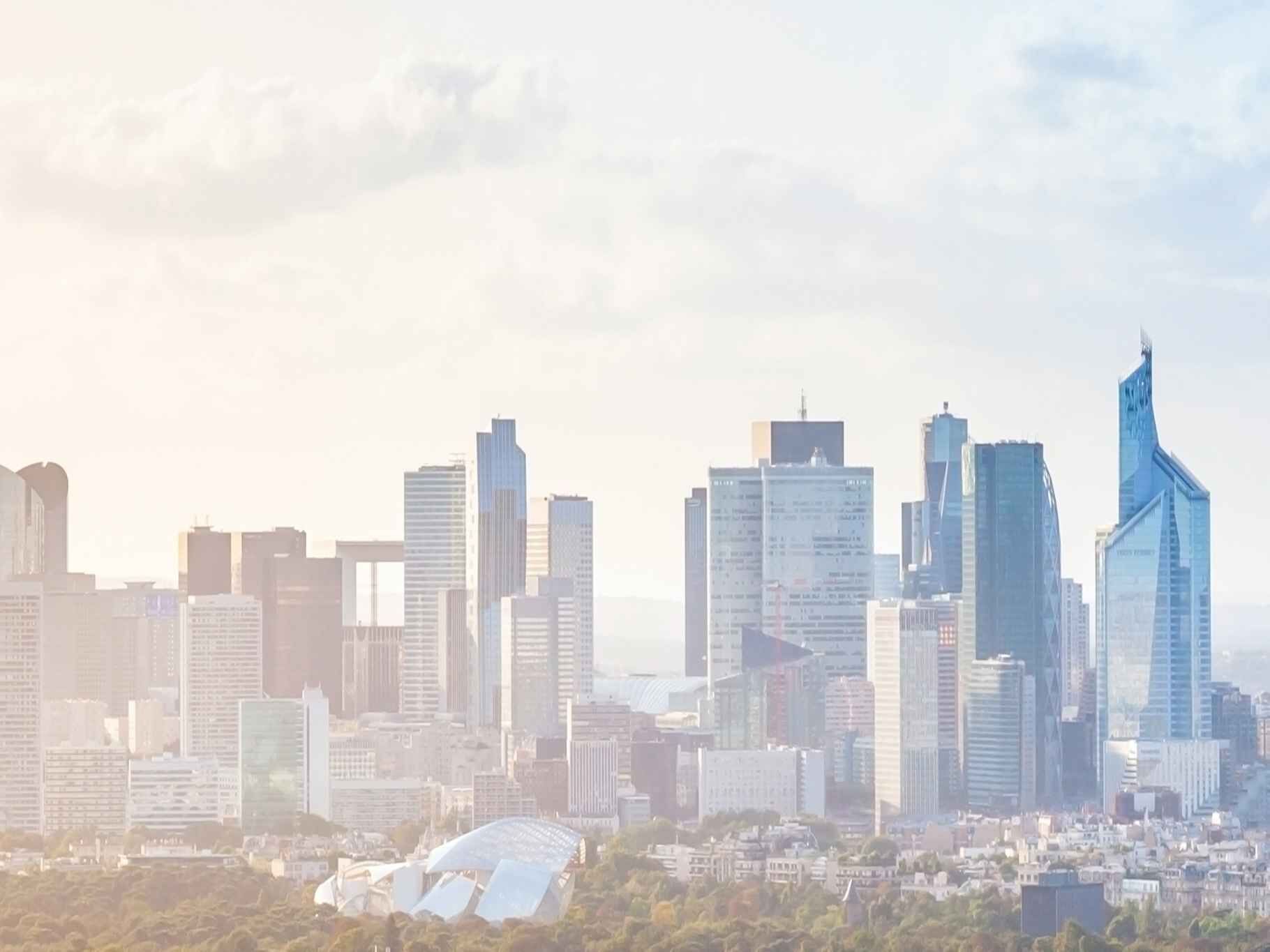 The skyline of a city and its skyscrapers, overlaid with a opaque filter representing the fine dust, which are mostly found in large cities and are detected by Palas® fine dust monitors.