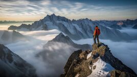 An awe-inspiring scene of a man standing on the summit of a mountain, observing other towering peaks emerging through the clouds. A moment of contemplation in the majestic heights of nature. Palas, with its variety of applications, actively contributes to