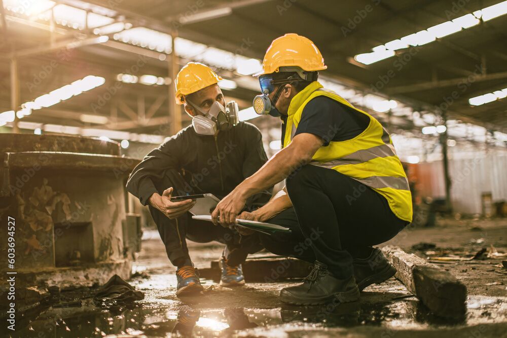 Palas Construction Team: Two workers wearing helmets and masks engaged in conversation about construction plans