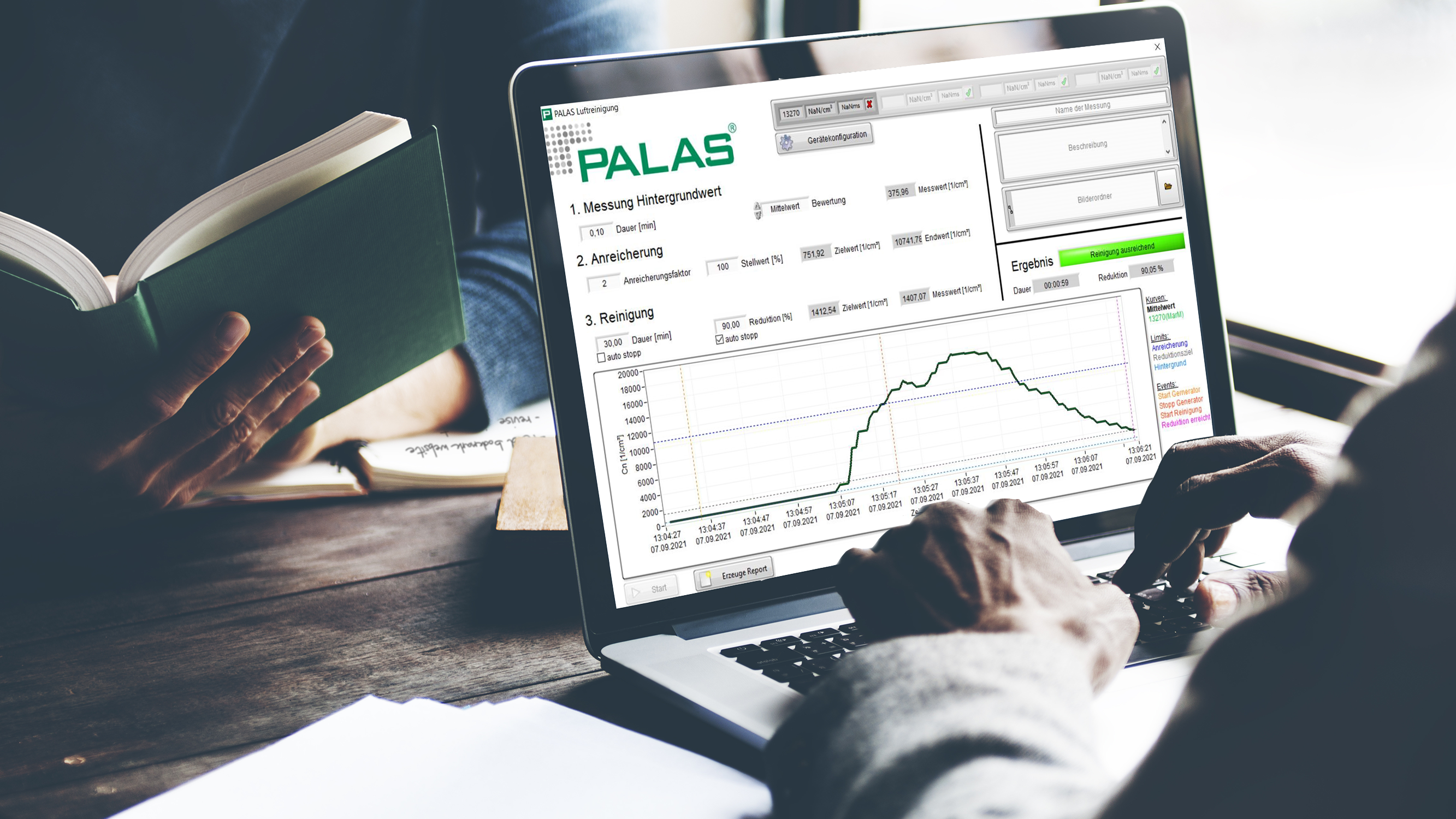 A focused individual exploring the features of Palas® Software on his computer, gaining valuable insights into air quality and environmental data.