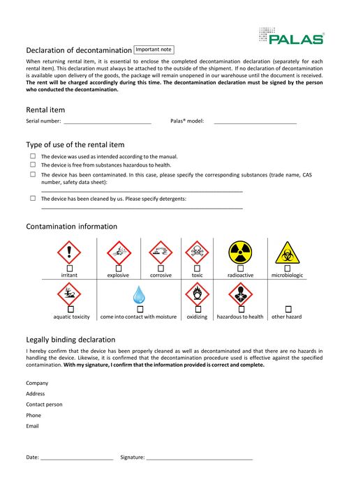 Palas Declaration of decontamination for rental