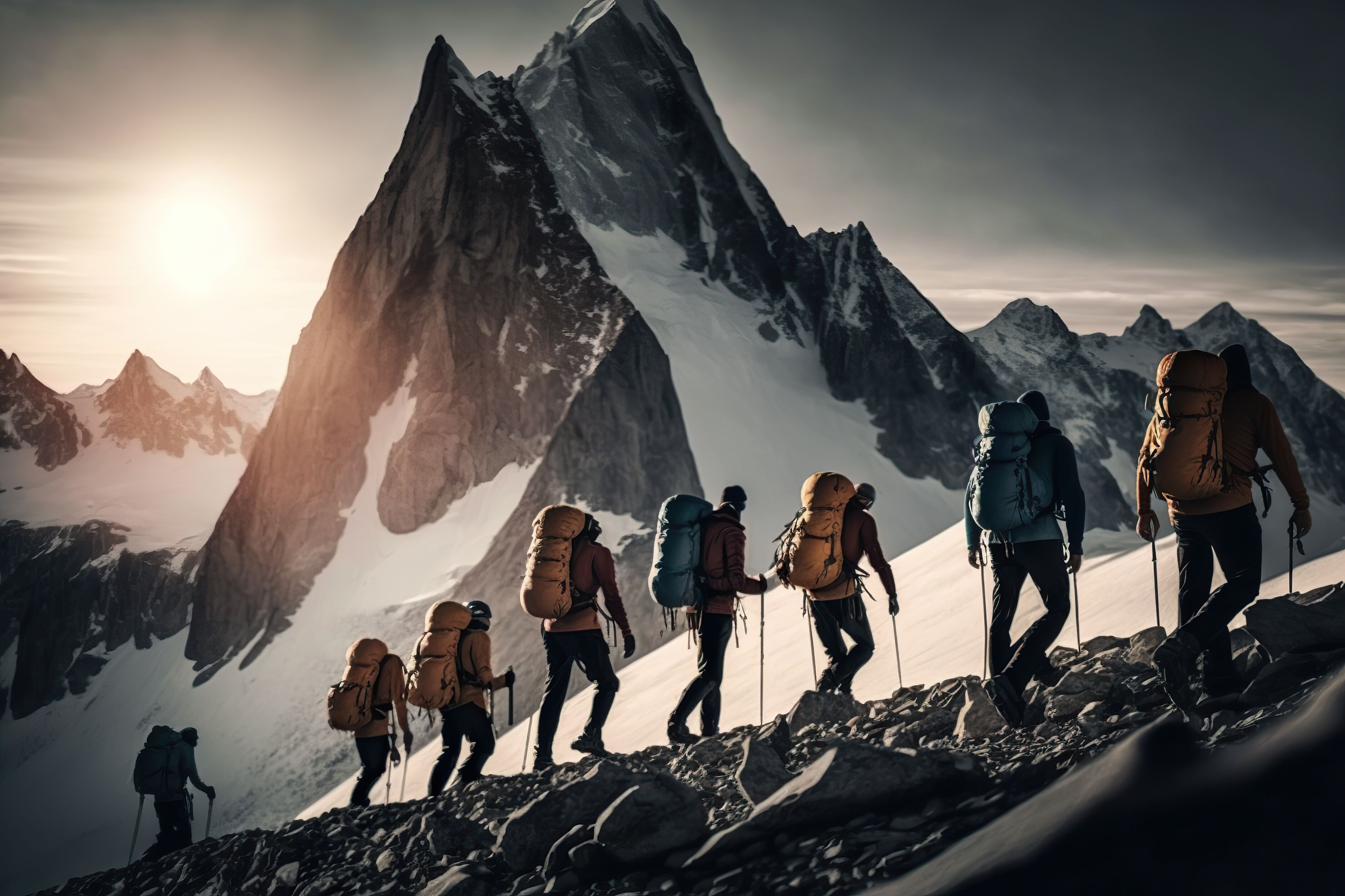 A motivated group of people, equipped with hiking gear, ascending a mountain with snow-covered peaks in the distance. At Palas, you can find fulfilling careers where you work collaboratively to reach the summit of aerosol technology.