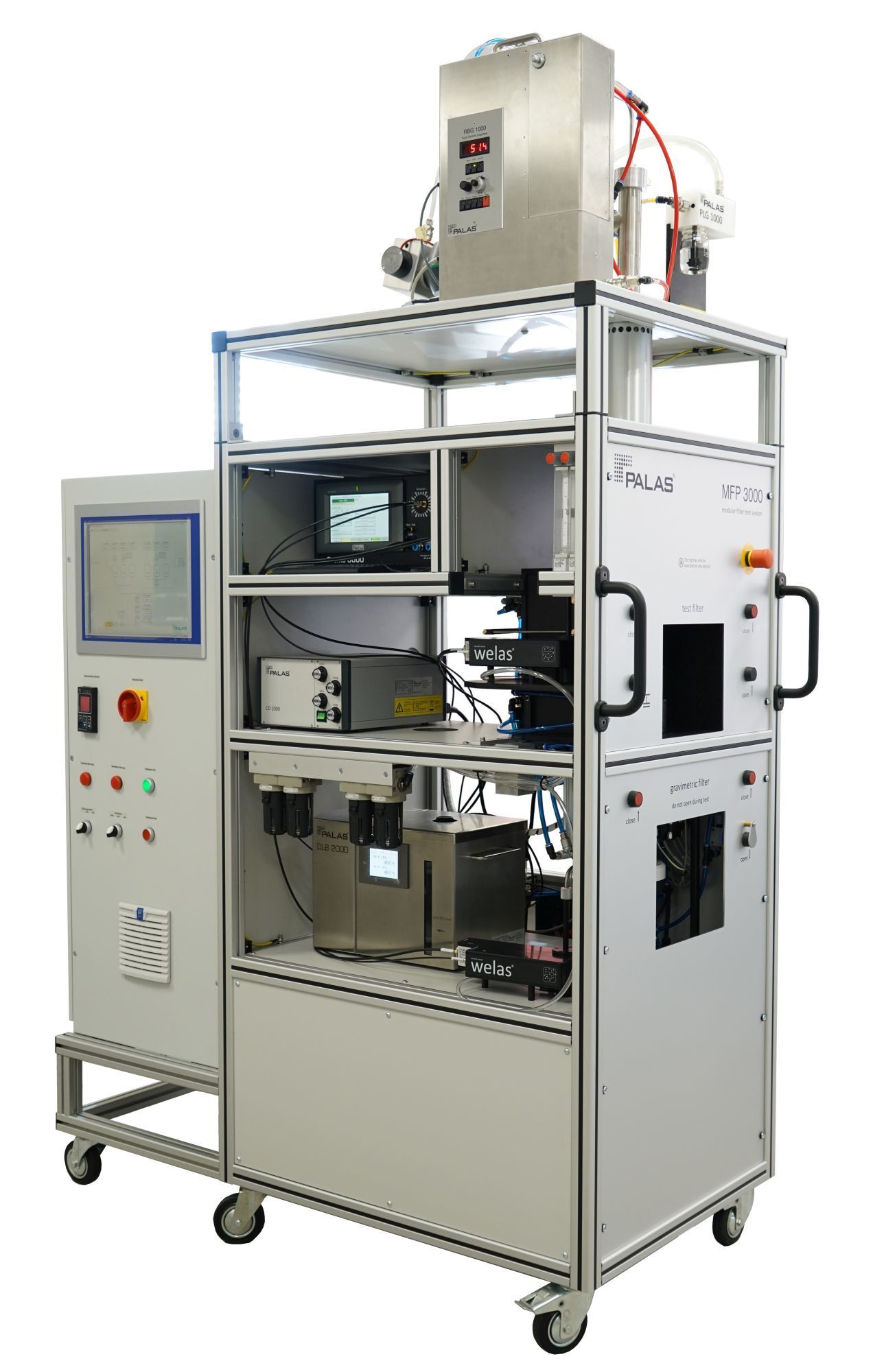 Filterprüfstand, Filtermedienprüfstand, Filterprüfsystem, Filtermedien, Streulichtspektrometer, Aerosolgenerator, Aerosolkonzentration, Aerosolerzeugung, Partikelgrößenanalyse, Fraktionsabscheidegradmessungen, Mess- und Regeltechnik