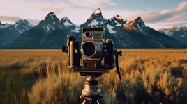 A vintage camera placed on a field with towering mountains in the backdrop. Palas always publishes the latest press releases.