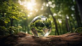 An artistic scene with a glass globe placed on the forest floor, surrounded by vibrant greenery. The sunlight filters through the trees, casting a warm glow on this harmonious blend of nature and man-made representation.