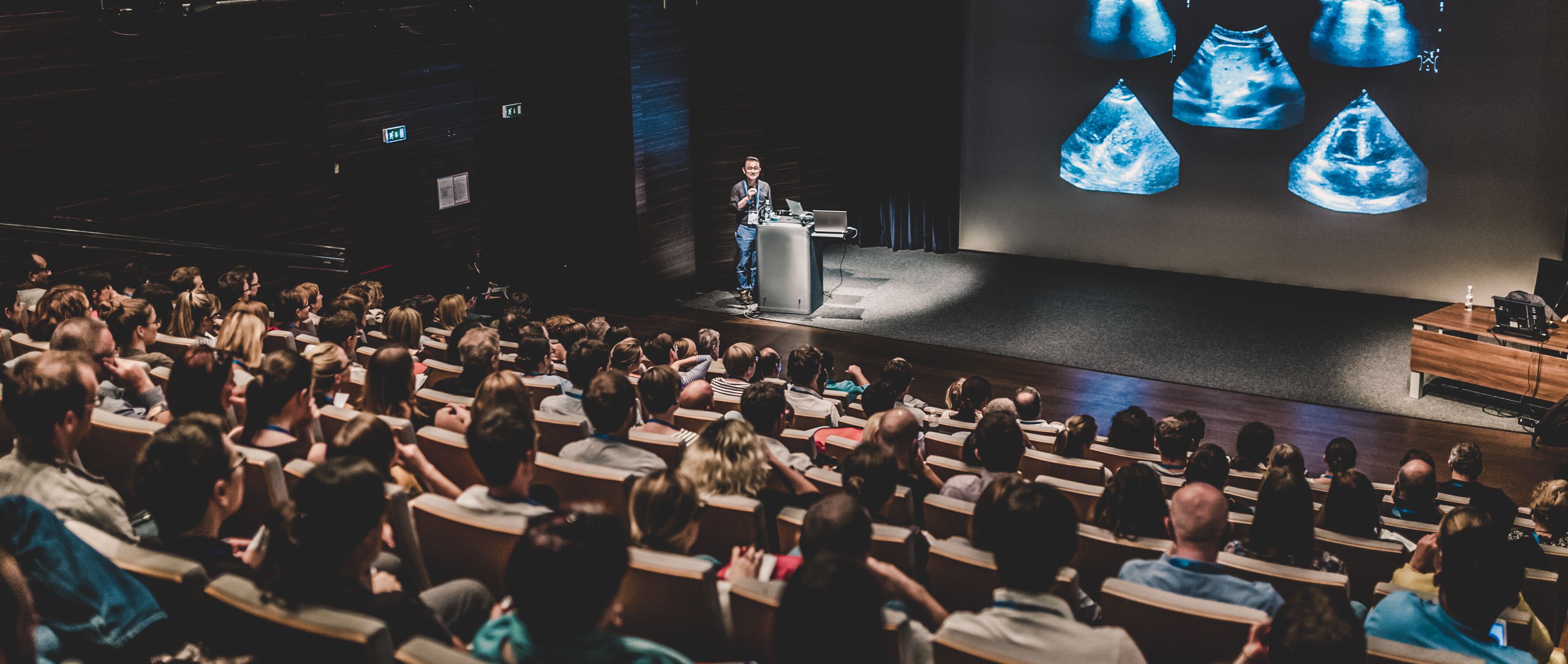 A vibrant scene captured from above in a filled lecture hall, with the presenter on stage engaging the audience in an informative discussion about Palas technology.