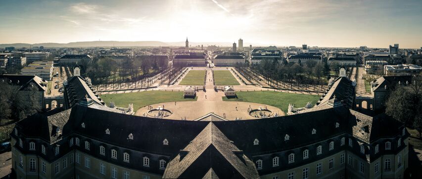 Sweeping panoramic view of Karlsruhe city from the castle rooftop. Karlsruhe is home to the headquarters of Palas, a prominent presence in the city