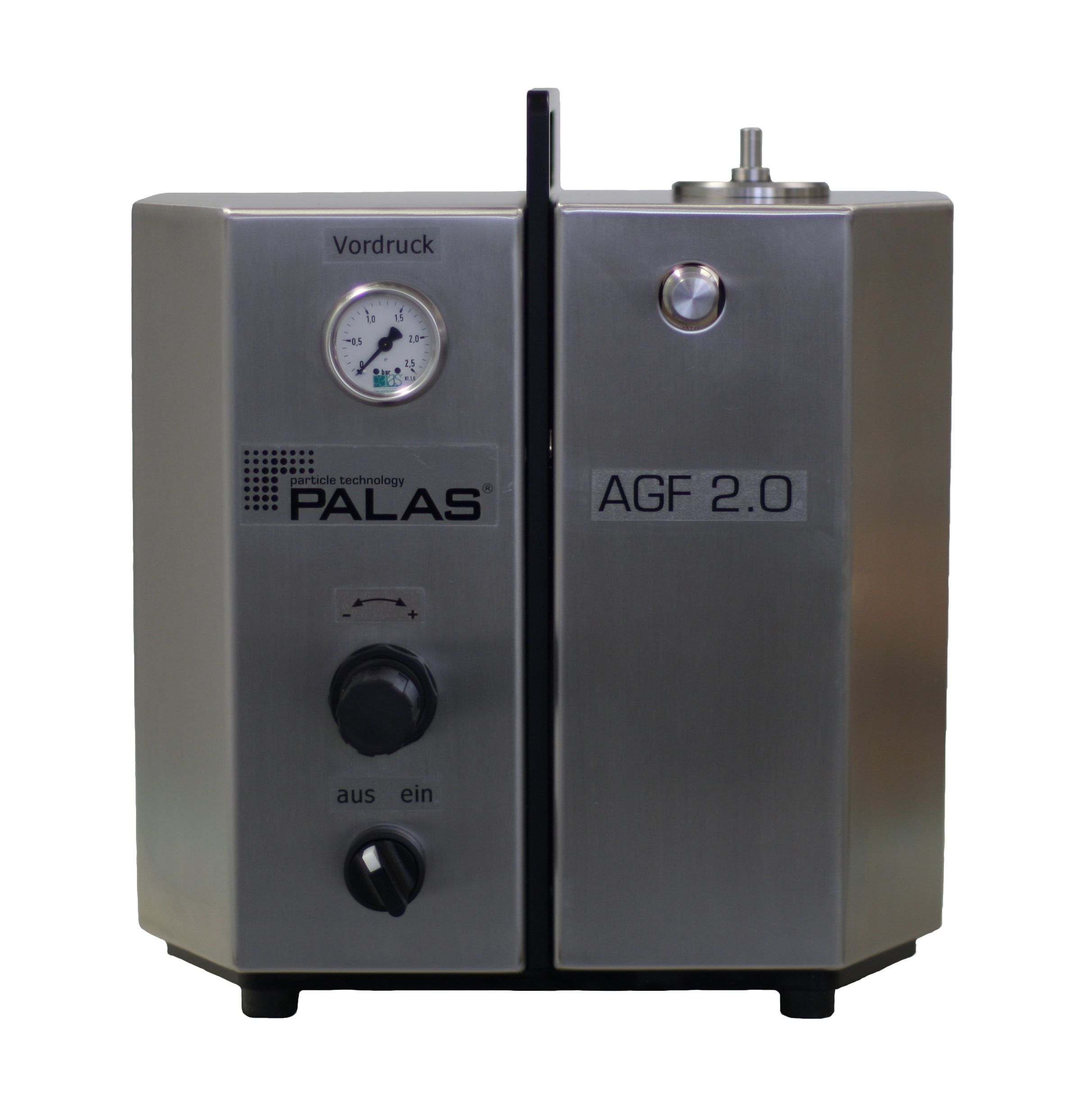 AGF 2.0: Fl&uuml;ssigkeitsvernebler mit Zweistoffd&uuml;se und Zyklon (dp_max = 2 &micro;m) nach VDI 3491-1 und -2. Generiert konstante Partikelrate und definiertes Partikelspektrum.