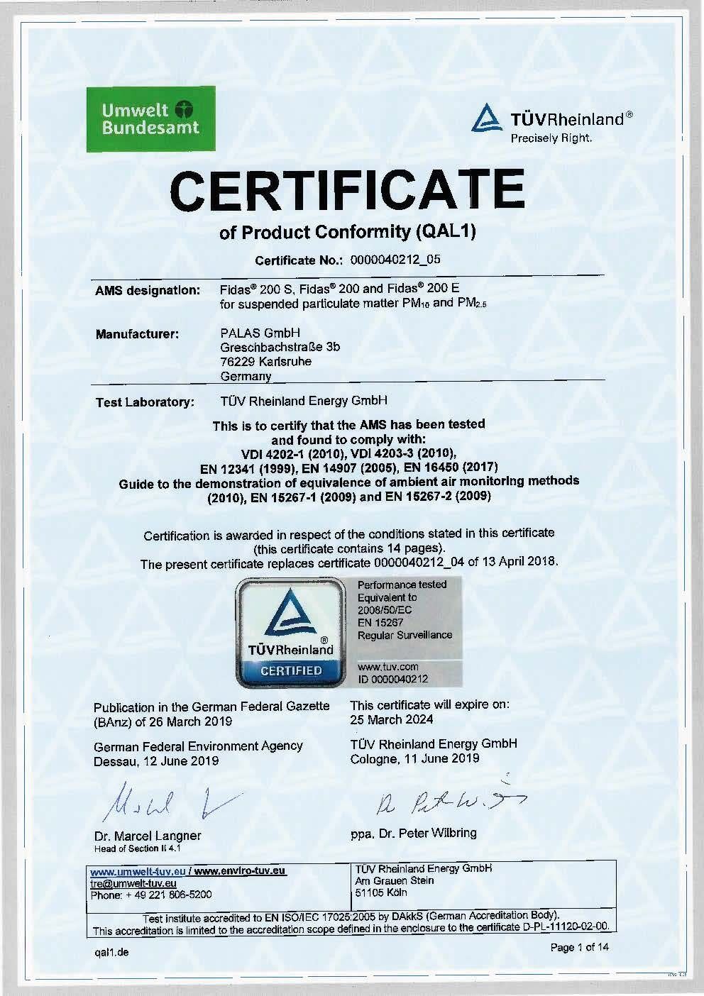 EN 15267 certificate for Fidas&reg; 200