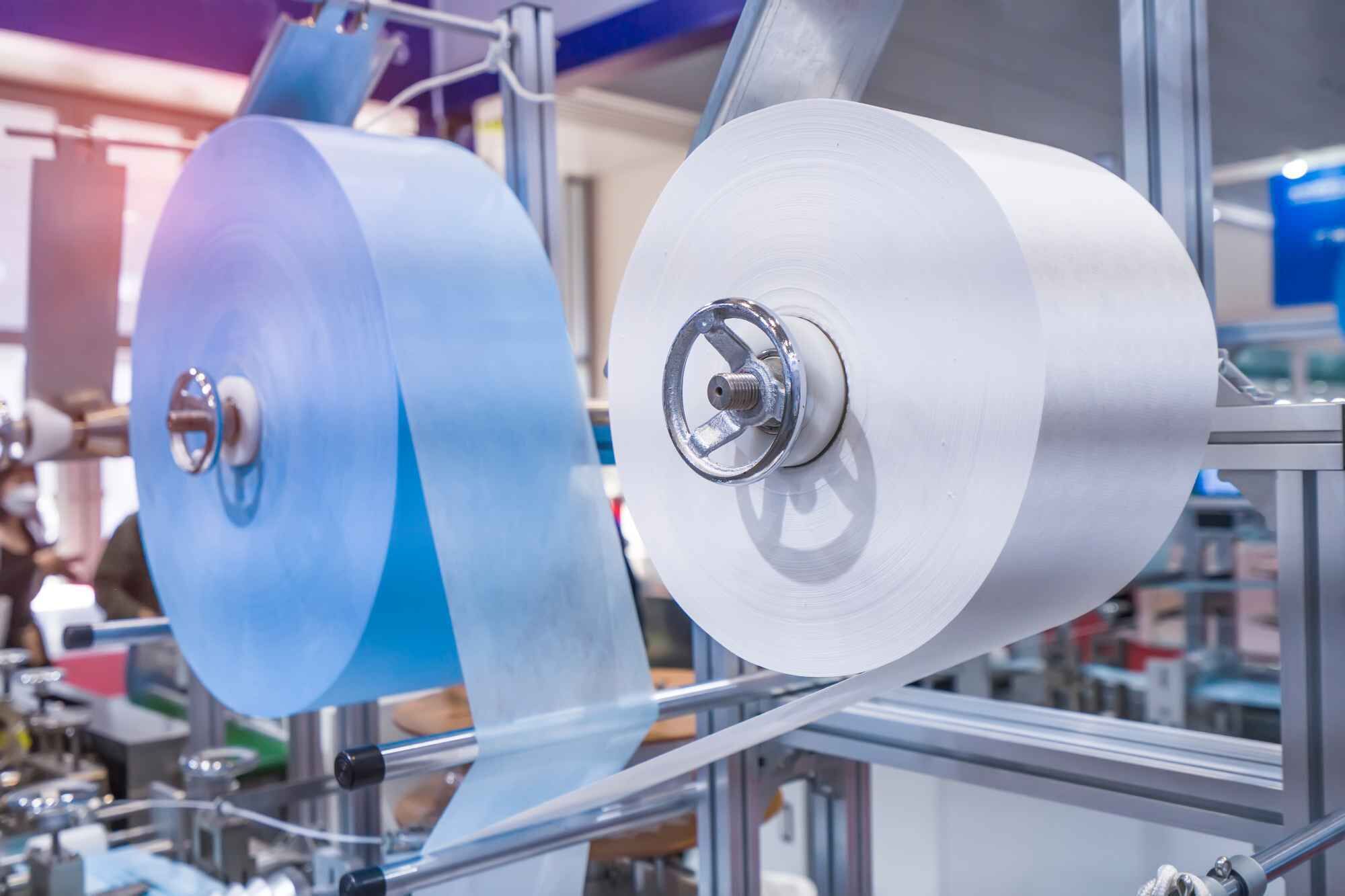 Illustration of Palas' filter testing capabilities, showcasing two large rolls of filter material.