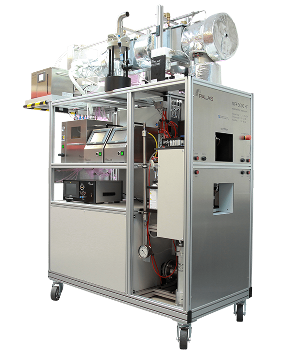 Filterprüfstand, Filtermedienprüfstand, Filterprüfsystem, Filtermedien, Streulichtspektrometer, Aerosolgenerator, Aerosolkonzentration, Aerosolerzeugung, Partikelgrößenanalyse, Fraktionsabscheidegradmessungen, Mess- und Regeltechnik, Temperaturregelung, F