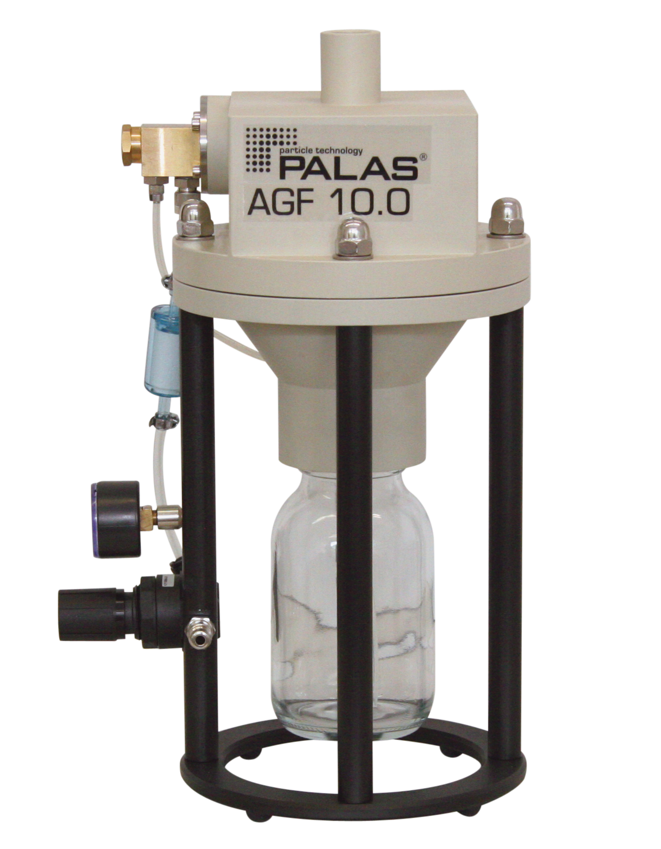 AGF 10.0: Flüssigkeitsvernebler mit Zweistoffdüse und Zyklon (Trennschärfe 10 µm) nach VDI 3491-6. Generiert konstante Partikelrate und definiertes Partikelspektrum.
