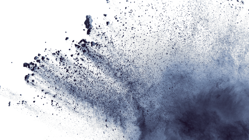 Closup of black particles exploding and spreading in front of a white background. Palas Aerosol Spectrometers measure particle size and particle concentration.
