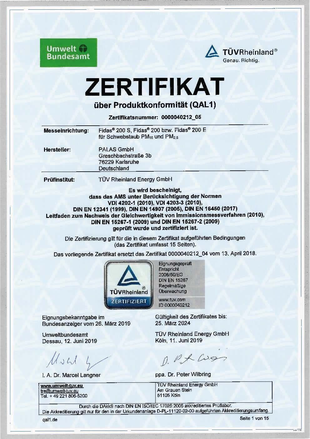 Zertifikat der Produktkonformität nach EN 15267 für Fidas® 200