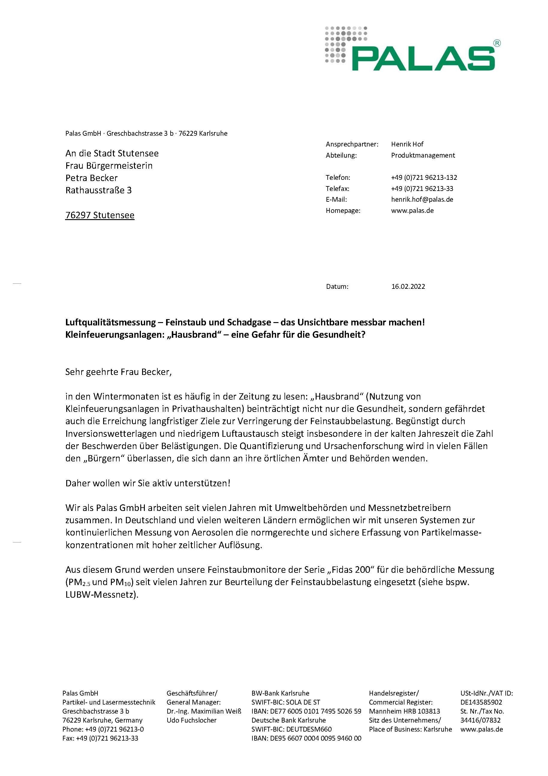 Schreiben an die Stadt Stutensee - Seite 1